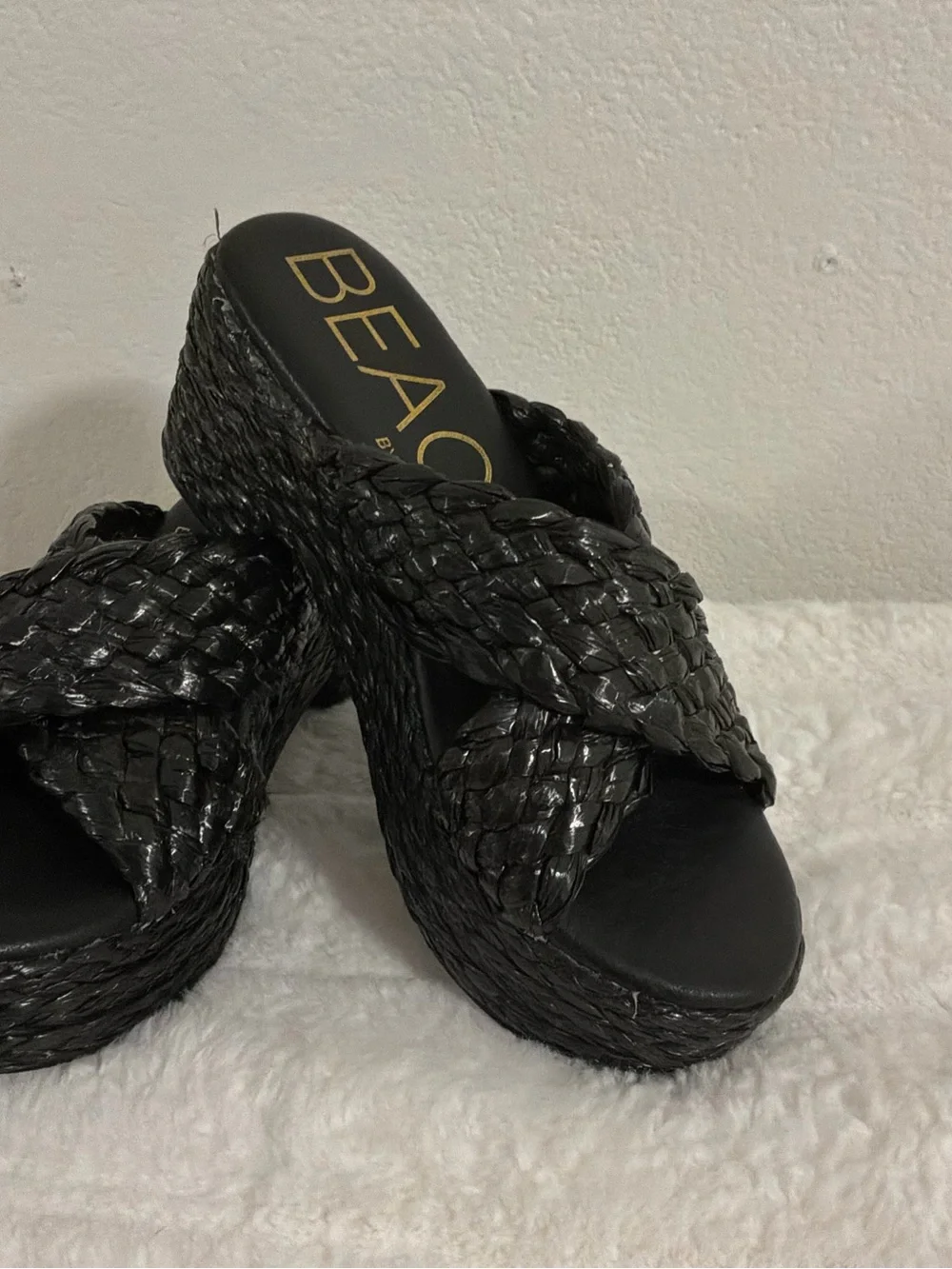 Matisse Beach Reflection Heels - Black Woven Platform Slide Sandals